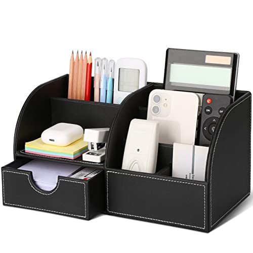 KINGFOM Pu Leather Desk Organizer Pen Pencil Holder Office Supplies Caddy Storage Box 6 Compartments with Drawer Black (Full Pu Leather) - color: FULL PU-Black