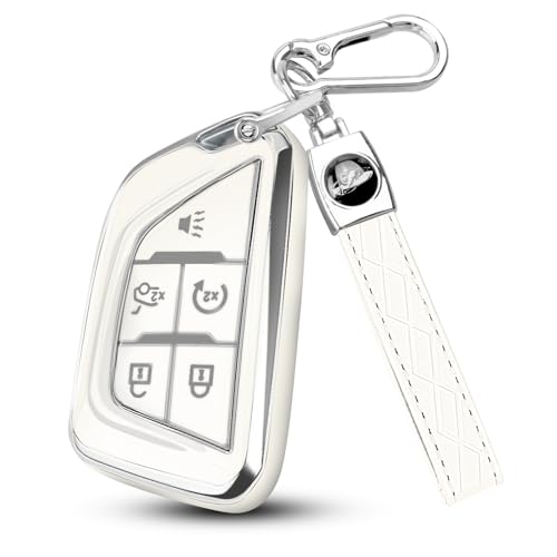 QBUC for Cadillac Key Fob Cover with Leather Keychain (Chrome Trim White) | Soft TPU Protection Case Compatible with 2020-2026 Cadillac Escalade Lyriq Optiq 5-Buttons - color: Chrome/White, size: 5-Buttons
