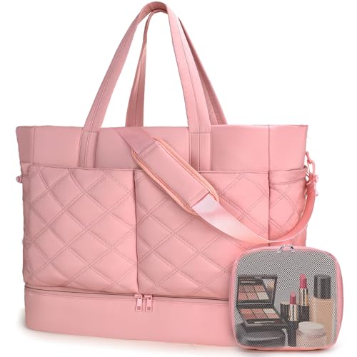 Large 2PCS Nylon Duffle Bag for Travel Weekender Overnight Hospital Gym Bag for Men & Women, Carry On Airline Approved Personal Item Duffel Garment Bag Luggage with Shoe Compartment & Packing Cube - color: 2PCS Pink