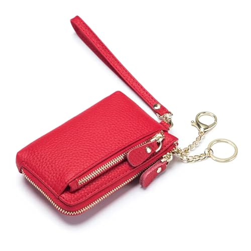 Women Genuine Real Leather Coin Purse with Hand Strap. 3 Zipper Small Wallet Wristlet with 3 credit cards slots Holder - Red - color: #13 Red