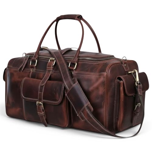 Leather Duffle Bags for Men - 24 Inch Full Grain Leather travel bag, leather overnight bag, Mens Leather Bag, Carry On Leather Weekender Bag, Airplane Leather Luggage Duffel Gym Bag - size: 24 Inches