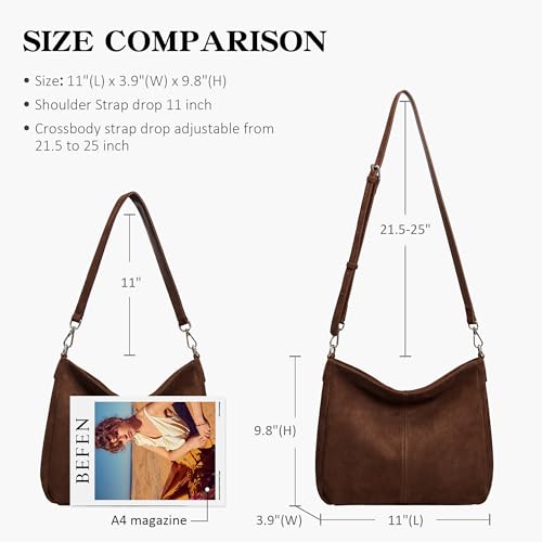 befen Soft Genuine Leather Hobo Bags Purse for Women Crossbody Shoulder Bag | Real Leather, Slouchy Shoulder Bag, 2 Detachable Shoulder Straps, Multi Pockets - color: Suede Hobo Coffee