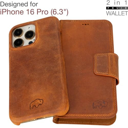 BLACKBROOK Case for iPhone 16 Pro Case Wallet, Full Grain Leather, Wireless Charging, RFID Blocking 4 Card Slots and ID Holder, 2-in-1 Folio Wallet Case Compatible with iPhone 16 Pro - color: Golden Brown, size: iPhone 16 Pro