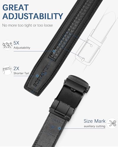 BOSTANTEN Ratchet Belts for Men Leather Trim to Fit 1 3/8“ Gift Boxed | Micro-Adjustable Buckle, Smooth Sliding, Customizable Fit, Holeless, Dress and Casual - color: 033-t Black / Twill, size: 36"-42" Waist Adjustable