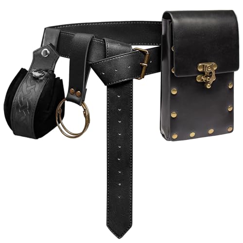 Belt Pouch Waist Bag Fanny Pack Steampunk Phone Holder Medieval Bag Leather Belt Renaissance Cosplay Costume Accessories (2Pouch-Black) - color: 2Pouch-Black