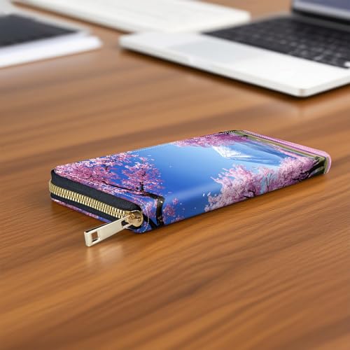 RFID Blocking Zip Around Wallet for Women with Detachable Strap | Large Capacity Leather Card Holder & Travel Wristlet Purse,Cherry Blossoms Mountain - color: Cherry Blossoms Mountain-9-165