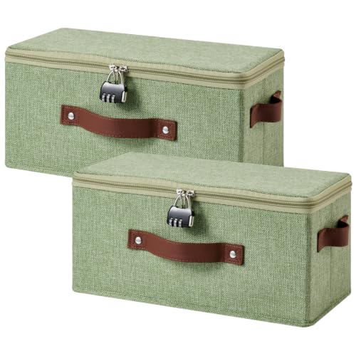 2PCS Lockable Storage Bins Box with Zipper Lid Combination Lock | Cotton Linen Fabric Basket w/ PU Leather Handles, DVD CD Container, Foldable Closet Shelf Organizer, Light Green, 13"x 6"x 6" - color: Light Green, size: Small-13"L ( Set of 2 )
