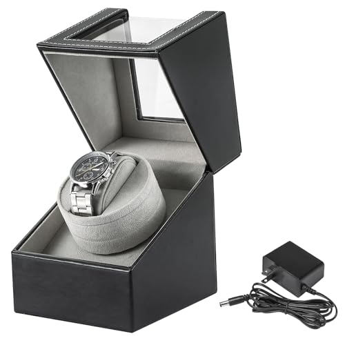 Single Watch Winder for Automatic Watches, Watch Display Case | Black Leather Watch Display Case Storage Box, Fits Lady and Man Automatic Watch, AC Adapter & Battery Powered