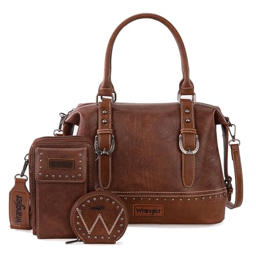 Wrangler 3Pcs Doctor Bag Sets for Women Top-handle Satchel Bag with Cell Phone Handbag and Coin Purse - color: Eye-catching Brown