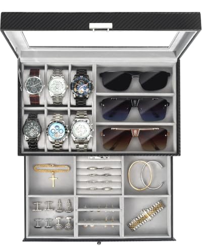Kukikan Mens Jewelry Box Organizer, 6 Watch Slots & 3 Sunglasses -Grey - color: Black + Gray, size: 6-slot