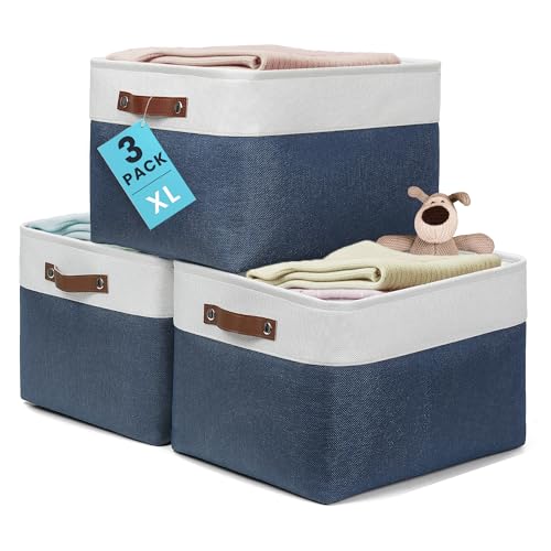 OrganiHaus 16x12.5in Storage Baskets, 3 Pack - Fabric Bins for Shelves | Vegan leather handles; a decorative linen closet organizer, towel and clothes container - color: Navy Blue / Off-White, size: Extra Large - 3pc