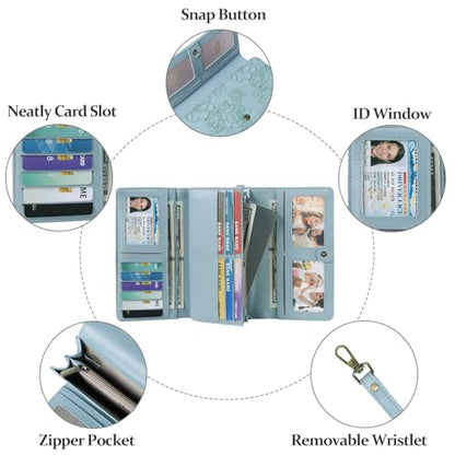 GAEKEAO Wallets for Women Vegan Leather RFID Blocking Card Holder Trifold Ladies Long Purse Wristlet Clutch with 3 ID Windows - color: Blue