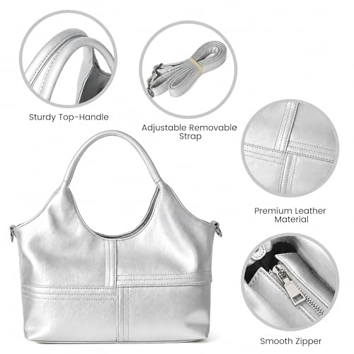 KOGTLA Medium Vegan Leather Purses for Women with Detachable Satchel Strap, Ladies Handbags, Tote Hobo Bags with Two-Handle - color: Silver