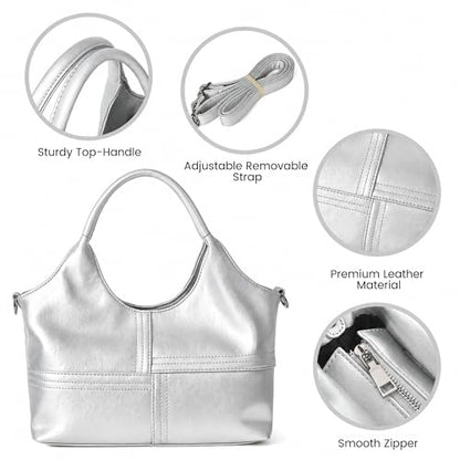 KOGTLA Medium Vegan Leather Purses for Women with Detachable Satchel Strap, Ladies Handbags, Tote Hobo Bags with Two-Handle - color: Silver