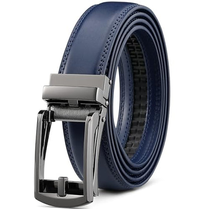 Founders & C Mens Ratchet Belt Leather Click 1 1/4" with Slide Buckle, Casual Dress Belt Adjustable - color: Gun/Blue, size: 28" to 34" Waist Adjustable