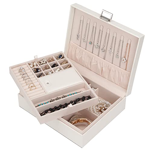 Jewelry Organizer Box for Girls Double Layer Large Travel Jewelry Case - color: White