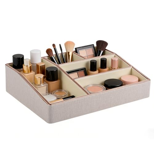 PU Leather Makeup Organizer Tray,Large Vanity Organizer,Cosmetic Storage Box for Lipstick Brushes Skincare Perfume,Cosmetic Display Case Rose Gold-trimmed for Dresser,Bathroom Countertop(Beige) - color: Beige