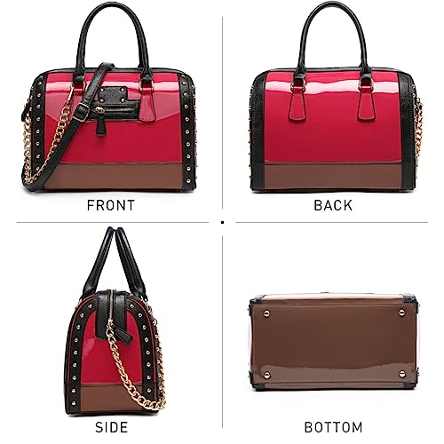Dasein Women's Barrel Bag Shiny Patent Faux Leather Handbag with Rivet Decoration Top Handle Satchel Shoulder Purse - color: Larger Fuchsia