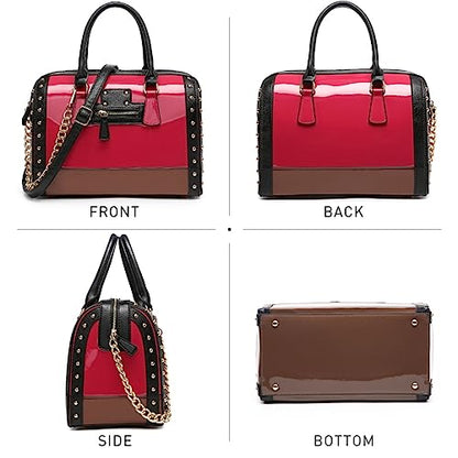 Dasein Women's Barrel Bag Shiny Patent Faux Leather Handbag with Rivet Decoration Top Handle Satchel Shoulder Purse - color: Larger Fuchsia