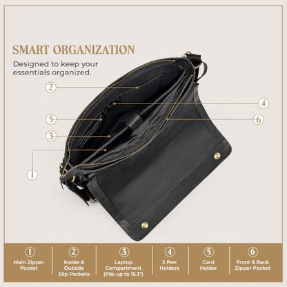 Leather Messenger Bag for Men & Women, Over the Shoulder Bag for Women Crossbody & Mens Briefcase Office Bag - color: Opulent Black