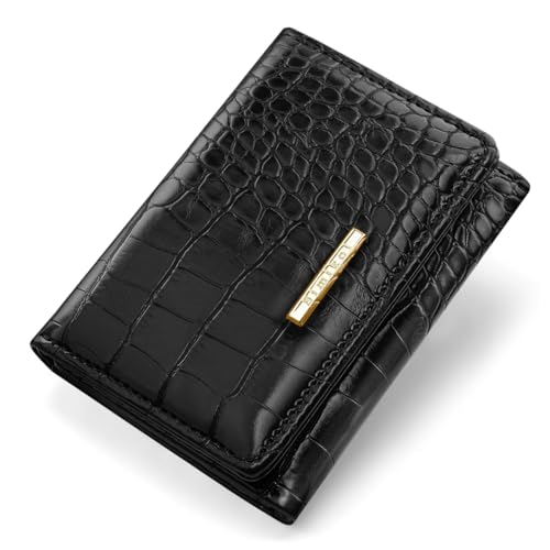 Crocodile Wallets Women Small Luxury Faux Leather Alligator Wallet | Chic RFID Blocking Womens Trifold Credit Card Holder Ladies Mini Purse, Black Croc - color: Black