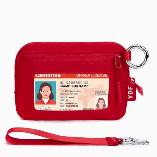 Small Wristlet Wallets for Women with Clear ID Window, Keychain Coin Purse | Organized Interior with 3 Card Slots, Inner Mesh Pouch, Lipstick Holder, Metal Key Ring and Detachable Wrist Strap - color: Red