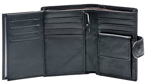 POKOFO Large RFID Genuine Leather Card Holder Trifold Wallet Snap Closure 3 ID Windows for men - color: Black Large