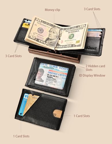 kinzd Slim Wallet with Money Clip RFID Blocking Minimalist Bifold Wallet for Men Genuine Leather Front Pocket Card Holder - color: AS260 Lichi Black(Finger Groove)