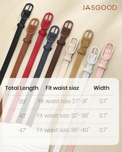 JASGOOD Women Skinny Belt for Jeans Dresses Fashion Thin Waist Belt with Oval Pin Buckle 0.7" Width - color: Khaki, size: Fit waist size 32''-36''
