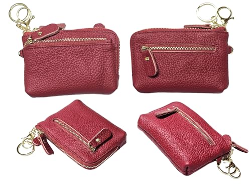 Women Genuine Real Leather Coin Purse with Hand Strap. 3 Zipper Small Wallet Wristlet with 3 credit cards slots Holder - Burgundy - color: #04 Burgundy