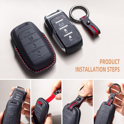 Genuine Leather Keyless Entry Remote Control Smart Key Case Cover with Leather Key Strap Compatible with Dodge RAM 1500,2500, 3500, 4500, 5500 2019 - 2025 Key Shell (Black, 4-Button) - color: Black, size: 4-Button