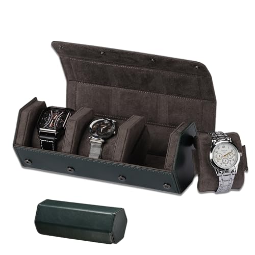 3-Slot Watch Travel Case Roll Organizer for Men 46mm | Waterproof PU leather case with velvet lining and snap closure,hexagonal upright design, travel-friendly gift. (green) - color: green, size: 3-slots