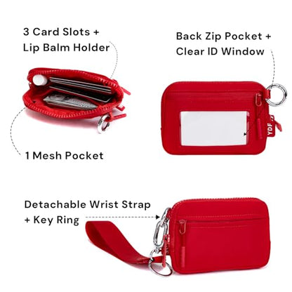 Small Wristlet Wallets for Women with Clear ID Window, Keychain Coin Purse | Organized Interior with 3 Card Slots, Inner Mesh Pouch, Lipstick Holder, Metal Key Ring and Detachable Wrist Strap - color: Red