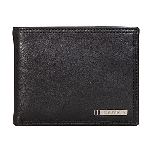 Nautica Men's Bifold Leather Wallet | RFID Blocking | ID Window | Card Slots | Organization | Durable | Stylish - color: Enameled Logo - Black