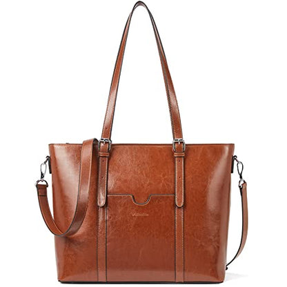 BOSTANTEN Genuine Leather Laptop Bag for Women 15.6'' Briefcase Tote Bags | Laptop Compartment, Structured, Professional, Detachable & Adjustable Shoulder Strap, Metal Feet, Work, Office, Business - color: A-brown