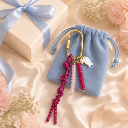 Handmade Colorful Beaded Bag Charm Keychain with Brass Key Rings for Purses - color: Raspberry Pink