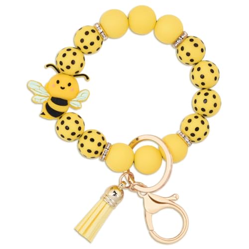 BAOSIWA Silicone Beaded Keychain Wristlet Key Ring Bracelet Cute Car Key Chain Holder for Women Girls - color: Bee