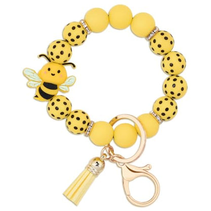 BAOSIWA Silicone Beaded Keychain Wristlet Key Ring Bracelet Cute Car Key Chain Holder for Women Girls - color: Bee
