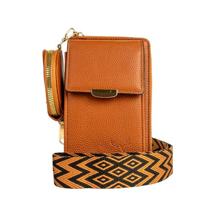 Womens Crossbody Phone Case, Vegan Leather Fashion Bag Shoulder Purse Handbag with Guitar Adjustable Strap SD 074 - color: Cognac/Beige