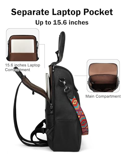 FADEON Laptop Backpack for Women, Vegan Leather 15.6 inch Computer bag | Waterproof Backpack Fits 13 14 inch, Padded Sleeve, Designer Water Bottle Pockets, Luggage Strap for Travel Work School - color: Black Retro Style