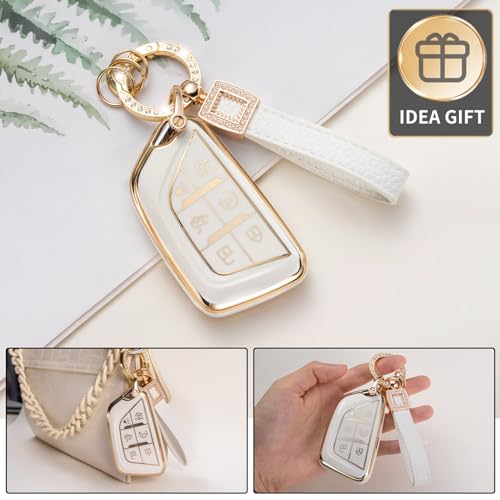 for Cadillac Key Fob Cover with Leather Lanyard, Car Key Fob Case Compatible with Cadillac Escalade or Escalade ESV 2021 2022 2023 Smart Key Protector Holder - style: For Cadillac B