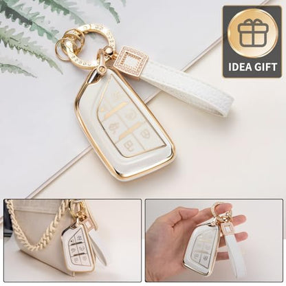 for Cadillac Key Fob Cover with Leather Lanyard, Car Key Fob Case Compatible with Cadillac Escalade or Escalade ESV 2021 2022 2023 Smart Key Protector Holder - style: For Cadillac B