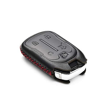 Genuine Leather Smart Key Fob Case with Leather Strap Compatible for GMC Acadia, GMC Terrain (2017 - 2023 Models ) - 5-Button, Black/Red - color: Black/Red