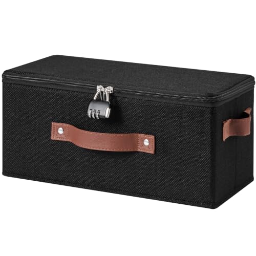 Lockable Storage Bins Box with Zipper Lid Combination Lock | Cotton Linen Fabric Basket w/ PU Leather Handles, DVD CD Container, Foldable Closet Shelf Organizer, Black, 13"x 6"x 6" - color: Black, size: Small-13"L ( Set of 1 )