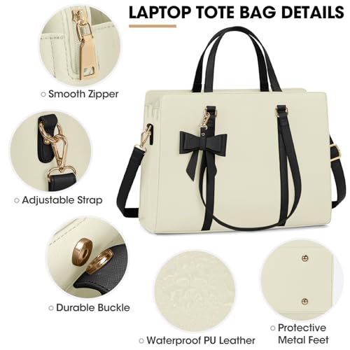 NUBILY Laptop Bag for Women 15.6 inch Leather Work Tote Bag | Waterproof Computer Bag with Bow Large Briefcase with Multi-Pockets Handbag Purse for Business Office Commuting Beige Black - color: Beige Black
