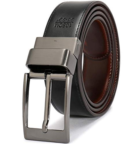 beltox fine Men's Dress Belt Leather Reversible 1.25" Wide Rotated Buckle Gift Box - color: Black Buckle With Cognac/Black Belt, size: 43-44