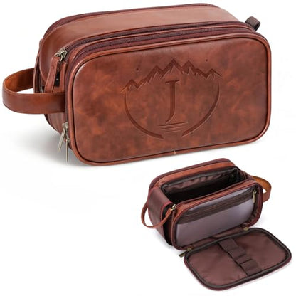 Travel Toiletry Bag for Men Gifts, Engraved Initials Portable Shaving Bag for Bathroom, Large Waterproof PU Leather Toiletry Travel Bag, Best Anniversary Birthday Gift for Men Dad Husband Him(J) - style: J