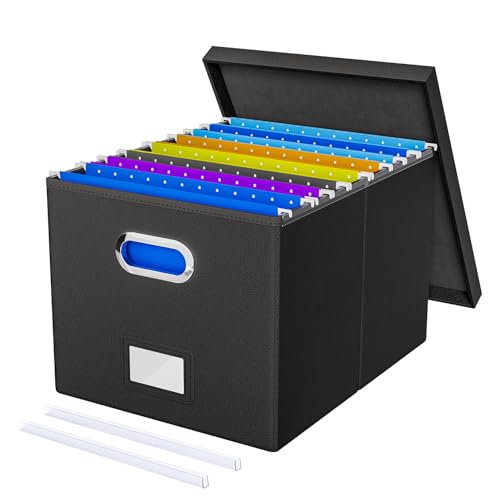 File Organizer Box with Lid - Portable Hanging File Box for Letter/Legal Files, Office/Decor/Home, 1 Pack, Black Leather - color: Black(Leather), size: 1 pack