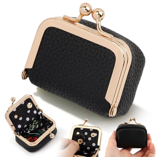 Mini Jewelry Purse, Kiss Lock Travel Jewelry Pouch for Rings Earrings | Vintage 2.56×1.77×1.18 In Mini Coin Purse Jewelry Case, Soft Lining Reduce Tangles/Scratches,Stores Rings/Earrings/Necklaces - color: black