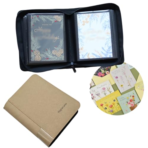82 Pocket 5x7 Greeting Card Organizer Album,Christmas Card Book | binder for Storage protect birthday,postcard,wedding,xmas holiday card holder &display grad card keepsake gift box - color: Khaki